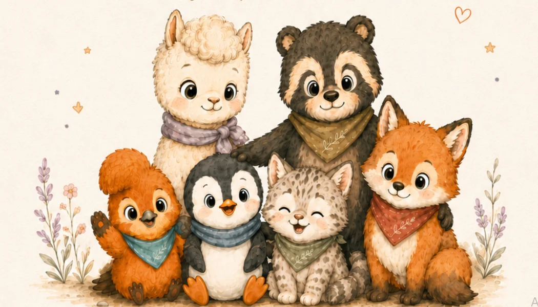Zori, Gali, Tito, Luma, Lalo y Juma, los seis Amigos del Valle, juntos y sonrientes